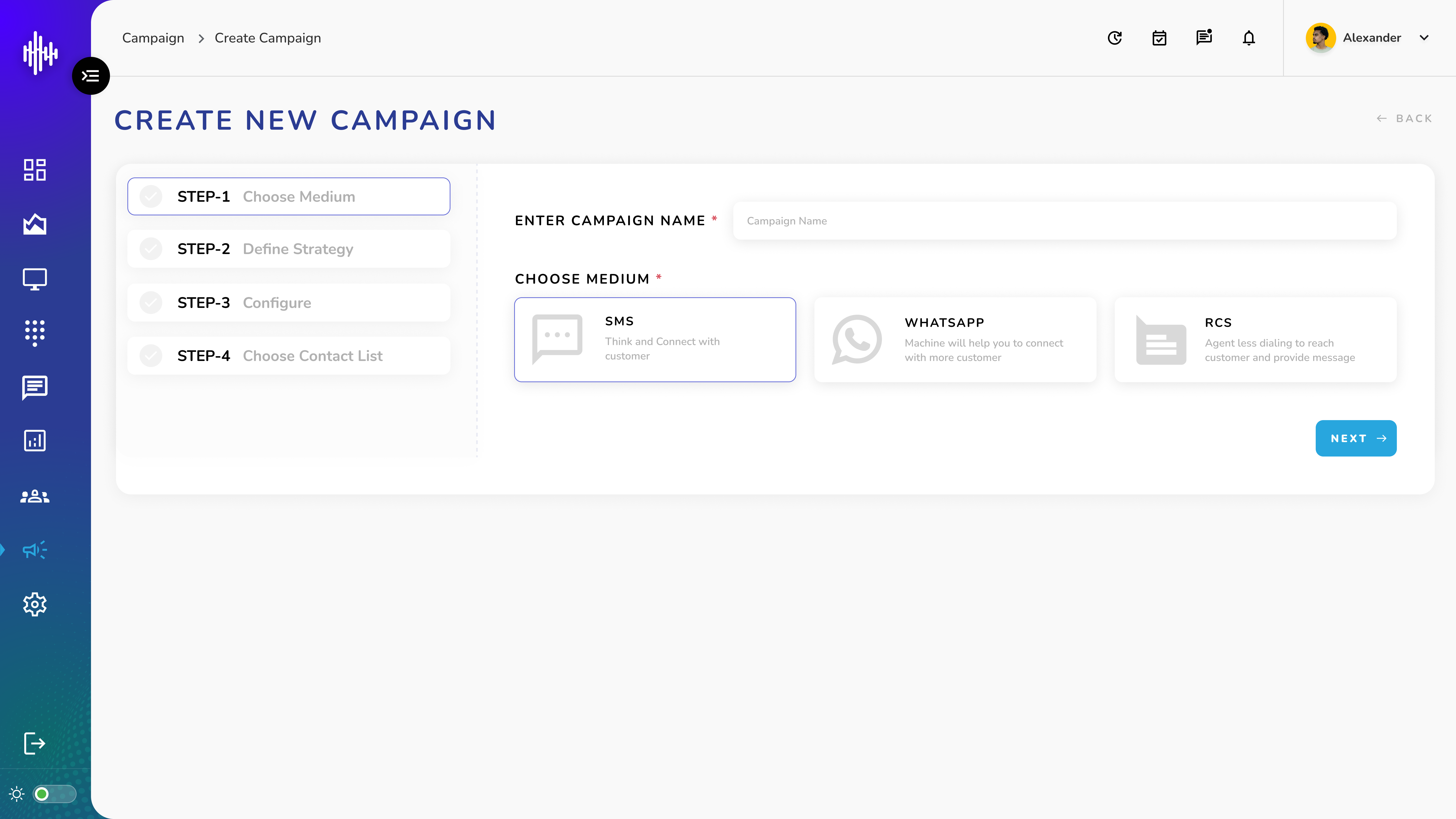 Campaign - Message - Step 1: Choose Medium
